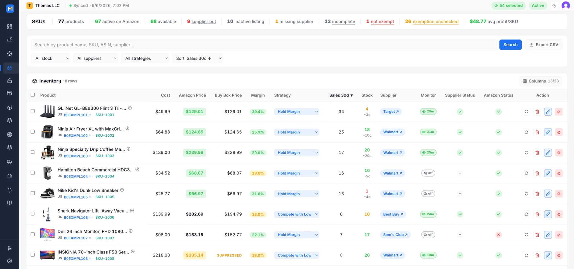 MarkHub inventory: eight products with photo, cost, Amazon price in green when winning the Buy Box, margin, strategy, 30-day sales, stock, supplier, monitor age and status ticks