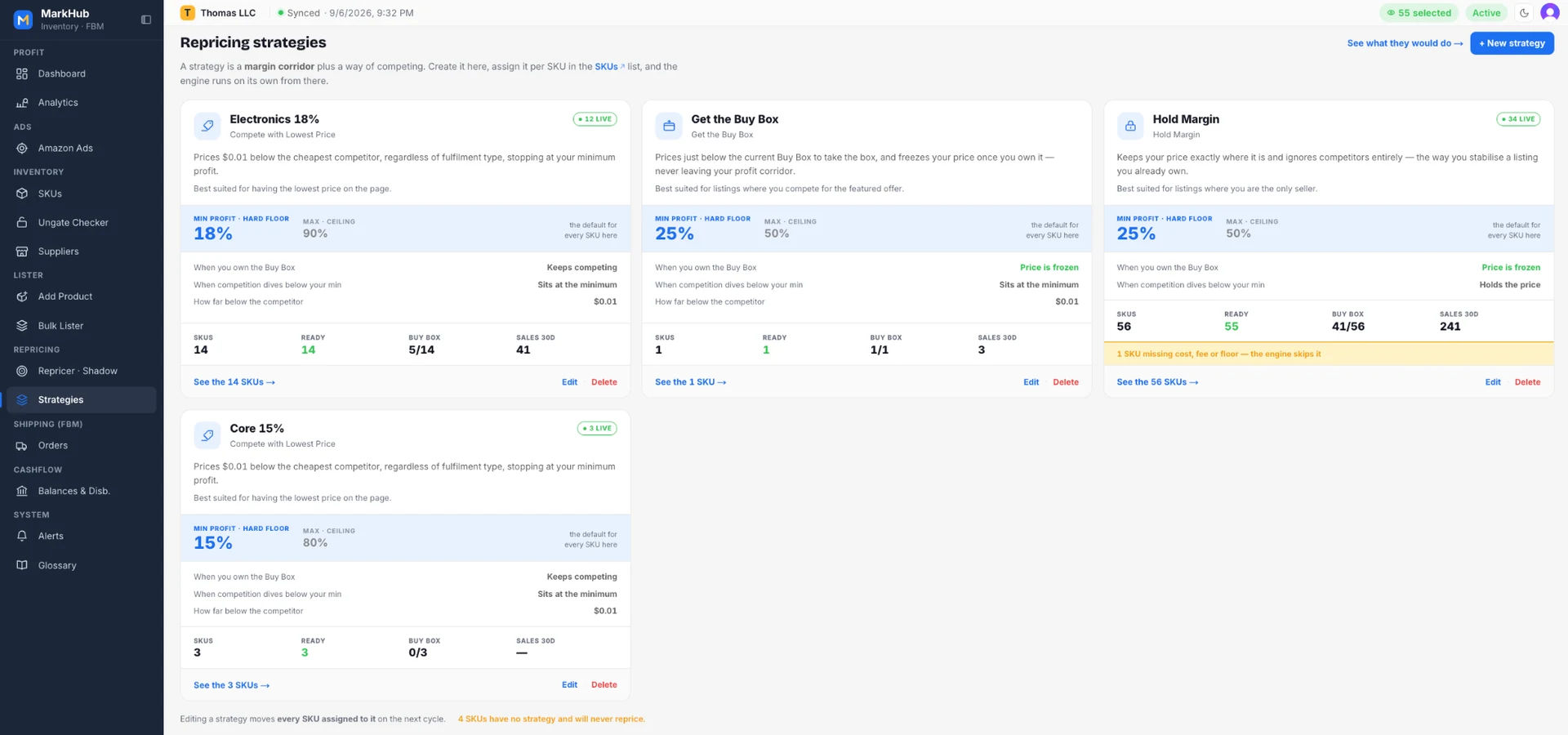 MarkHub Strategies: Electronics 18%, Get the Buy Box, Hold Margin and Core 15% cards with floor, ceiling, Buy Box rules and SKU counts