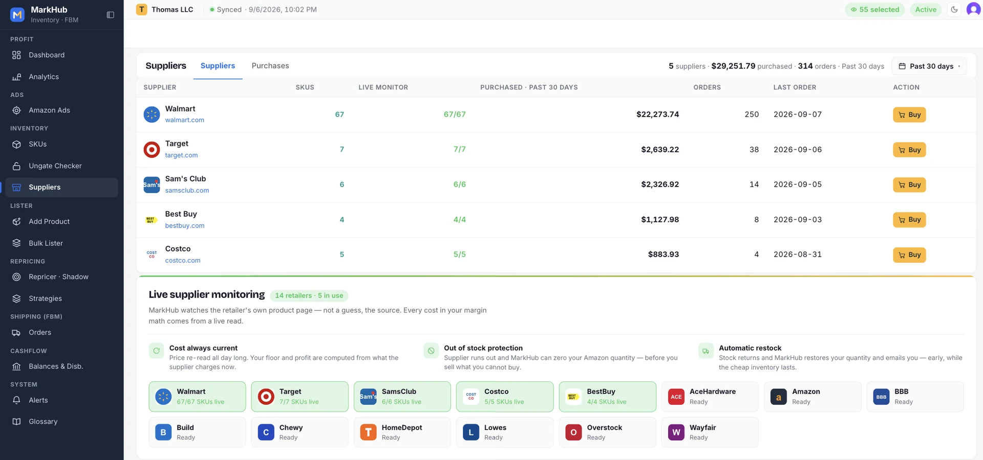 MarkHub Suppliers: Walmart, Target, Sam's Club, Best Buy and Costco with SKUs, live monitor, purchases and orders, and the live supplier monitoring block with retailer cards