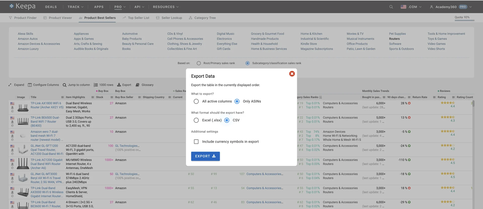 Keepa Product Best Sellers export dialog with Only ASINs and CSV selected